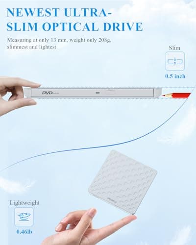ORIGBELIE External CD/DVD Drive for Laptop, Ultra Slim 13mm USB 3.0 Type-C Portable DVD Player CD Burner Reader Writer Recorder for Desktop PC Windows 11/10/8/7 Linux Mac OS, White