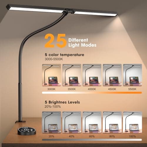 Led Desk Lamp for Office Home - Eye Caring Architect lamp with Clamp,Dual Screen Computer Monitor Work Smart Light: 24W 5 Color Flexible Adjustable Lighting Table Lamp for Study Drafting — view 2