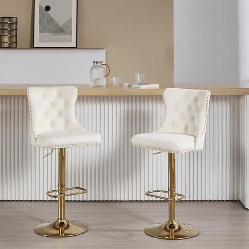Chummaven Bar Stools Set of 2 Velvet Swivel Kitchen Counter Chairs with Tufted High Back Modern Upholstered Gold Barstools with Lion Pull Ring/Golden Base for Dining Room/Home Bar/Kitchen, Cream — view 5