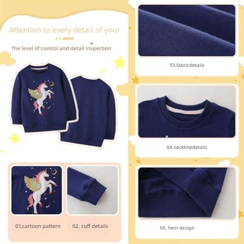 Winzik Toddler Sweatshirt, Kids Girls Crewneck Sweatshirts Unicorn Embroidery Spring Fall Clothes 2-7 Years (3-4T, Unicorn Dark Blue) — view 4