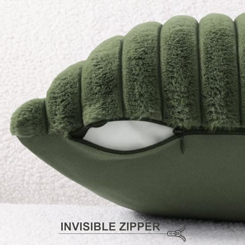 Pallene Faux Fur Plush Throw Pillow Covers 18x18 Set of 2, Luxury Soft Fluffy Striped Decorative Pillow Covers for Sofa, Couch, Living Room, Olive Green — view 2