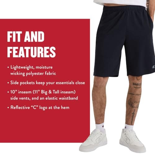 Champion Men's Sport Shorts, Standard Fit, 10 Inch Inseam, Lightweight Fabric, Moisture-Wicking, Available in Regular and Big & Tall, Black, Large — view 6