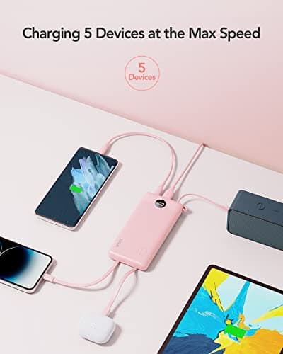 VRURC Portable Charger 10000mAh, Battery Pack with LED Display,Slim Power Bank Built-in USB C Cables Phone Charger Compatible with iPhone17/16/15 & Early Series,Samsung,Android etc-Pink — view 2
