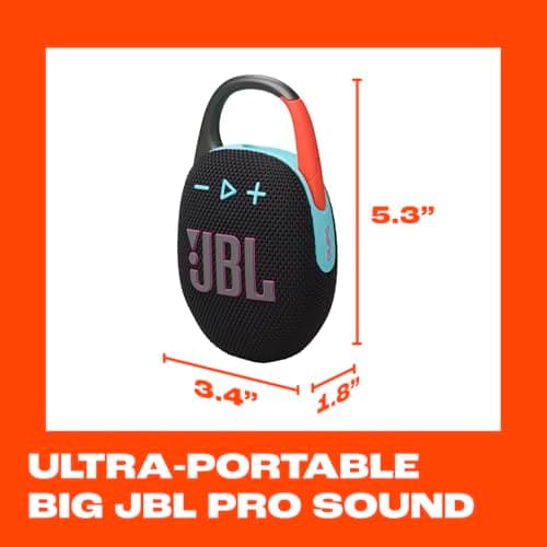 JBL Clip 5 - Ultra-Portable, Waterproof & Dustproof Bluetooth Speaker, Big Pro Sound with Punchy bass, Integrated Carabiner, Up to 12 Hours of Play, Recycled Materials (Black & Orange) — view 4