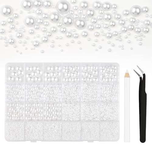 Bouiexye 13000 Pcs White Flatback Pearls 2/3/4/5/6/8/10mm Half Round Pearls for DIY Crafts Nail Art Shoes Mobile Phone Cases Etc