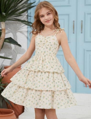 HOZIY Vestidos para Niñas Girls Summer Spring Boho Yellow Floral Semi Formal Party Dress Tween Ruffle Tiered Smocked Dresses Short Sundress Size 9-10 — view 2