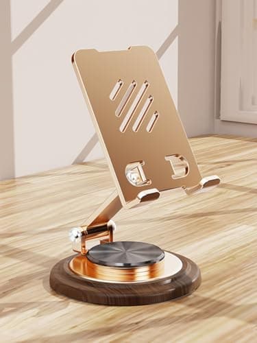 Dual Folding Phone Desk Stand, Adjustable Cell Phone Stand Accessories, 360°Rotating Phone Holder for Desk, with Wooden Disc Base, for iPhone 17 16 15 Pro Max and All Smart Phones，Gold/Black (Random) — view 3