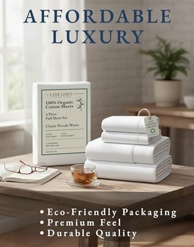 Lane Linen 100% Organic Cotton Double Bed Sheets – 4 Piece Full Size Sheets Set, Ultra-Soft & Breathable, Deep Pocket Fits 15” Mattress, Hotel-Quality Cotton Sheets for Doube Bed – Pure White — view 7