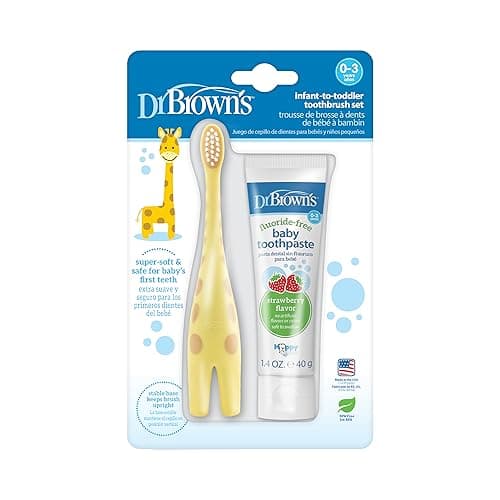 Dr. Brown’s™ Infant-to-Toddler Training Toothbrush Set, Giraffe with Fluoride-Free Strawberry Baby Toothpaste, 0-3 years