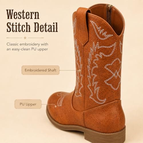 Kids Cowboy Boots Cowgirl Boots For Girls & Boys, Brown Western Cowboy Boots With Side Zipper, Pu Leather Round Toe Little Kid Boots — view 3