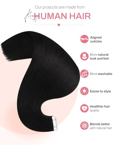 Moresoo Black Tape in Hair Extensions Human Hair 18 Inch Off Black Hair Extensions for Women Remy Skin Weft Human Hair Tape in Extensions #1B to Add length and Volume 20pcs 50G — view 2