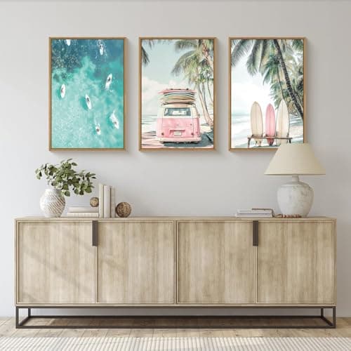 HPNIUB Summer Surfboard Beach Framed Canvas Wall Art Set,Modern Ocean Surfing Seascape Wall Decor,Coastal Bus Coconut Tree Wall Painting,Nature Botanical Art Prints for Living Room, Bedroom-16"x24"x3 — view 2