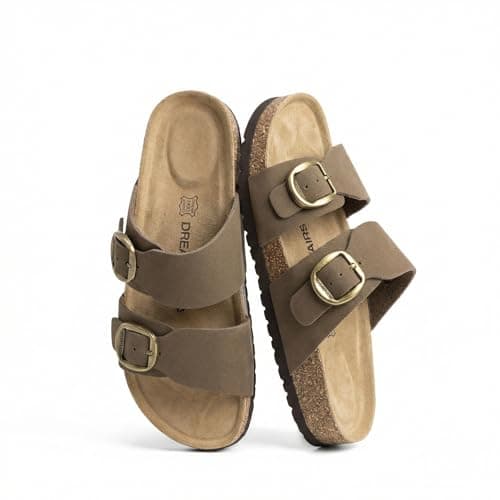 DREAM PAIRS Women's Genuine Cork Footbed Slide Sandals Comfortable Arch Support Cushioned Flat Sandals Summer Shoes,Size 8,Brown,SDSS26004W