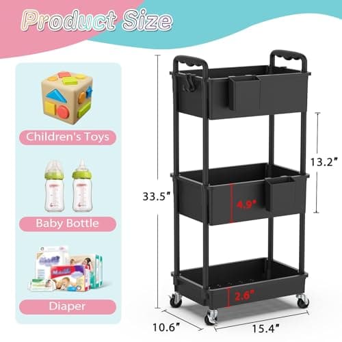 SUNALLY Baby Diaper Caddy Cart, 3 Tier Rolling Diaper Cart with Lockable Wheels for Nursery Essentials, Large Capacity & Easy Assemble Diaper Storage Organizer for Newborn,New Mom, Black
