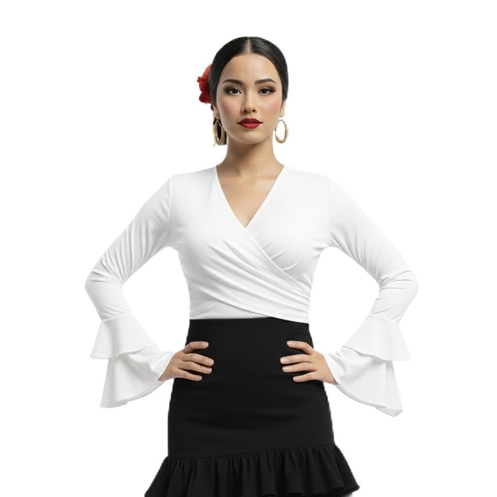 Bolero Torera Top Cruzado Flamenco Tejido elástico Manga Larga con Dos Volantes