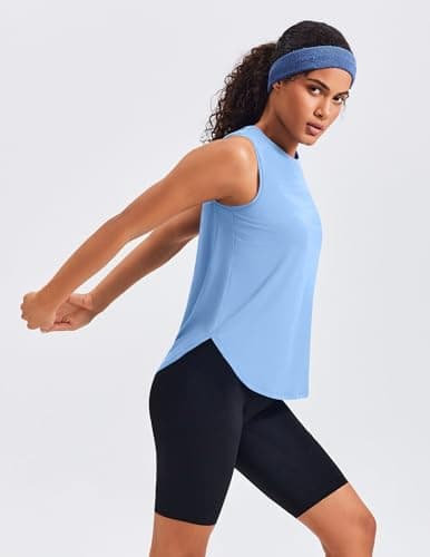 PINSPARK Women's Workout Tank Tops Back Pleat Loose Fit Sleeveless Yoga Athletic Shirts Soft UPF 50+ Cooling Running Gym Tops, Light Blue, Medium