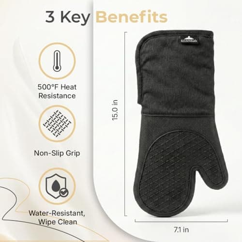 Kitch N Buds Oven Mitts, Extra-Long 15 in (38 cm), Black, Non-Slip Silicone Grip, Heat Resistant up to 500°F, Soft Cotton Lining — view 3