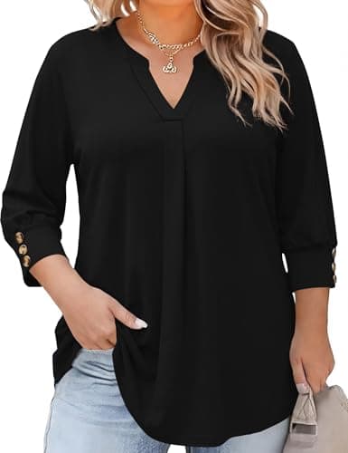 TFSDOD Womens Plus Size Tops 3/4 Length Sleeve Womens Tops V Neck Blouses Pleated Tunic Plus Size Fashion (Black XXL)
