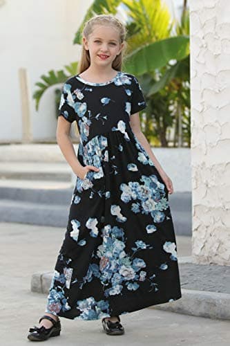GORLYA Girl's Short Sleeve Floral Print Loose Casual Holiday Long Maxi Dress with Pockets (14Years/Height:160cm, Blue Print) — view 3