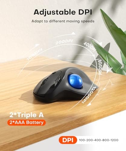 Ergonomic Wireless Trackball Mouse, 3 Device Connection (Bluetooth or 2.4G USB Receiver) Bluetooth Quiet Computer Mouse, 2*AAA Battery Thumb Laptop Mice with 5 Level DPI for PC/Laptop/Mac/Windows Blue — view 3