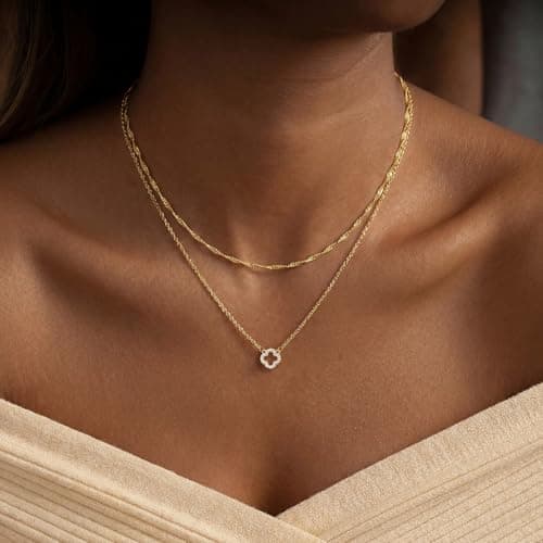 Mothers Day Gifts for Mom Dainty Gold Necklaces for Women Trendy Non Tarnish 14K Gold Plated Cubic Zirconia Necklace Layered Simple Cute Four Leaf Clover Choker Jewelry Birthday Gifts (Cable Small CZ, Gold) — view 3