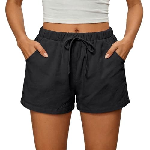 Summer Shorts for Women 2026 Trendy Elastic High Waisted Casual Linen Shorts with Pockets Lightweight Cute Beach Vacation Outfits Loose Comfy Lounge Drawstring Short Pants — view 5