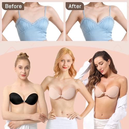 GKHWON Adhesive Bra Strapless Backless Invisible Push Up Sticky Bra with Silicone Nipple Covers Reusable Beige B — view 3
