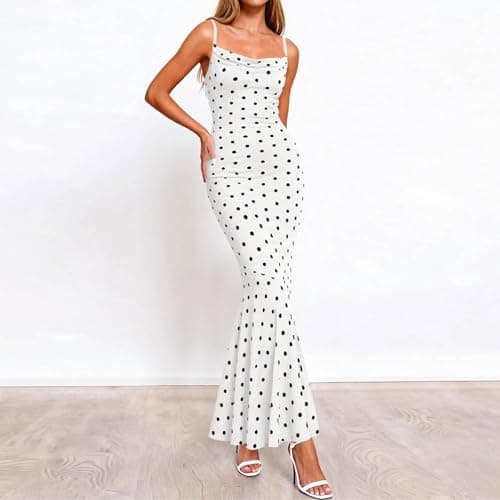 Womens Summer Dresses Polka Dot Spaghetti Strap Cowl Neck Bodycon Wedding Guest Cocktail Mermaid Maxi Dress Vacation White-M — view 2