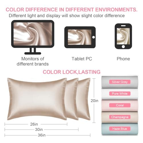 Mulberry Silk Pillow Cases Standard Size with Hidden Zipper, Ultra Smooth and Soft Breathable Cooling Silk Satin Pillowcase for Hair and Skin, Gifts for Women Men (Champagne, 20x26 Inches, 1 Pack) — view 6