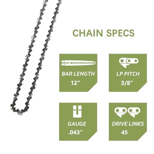 5 Pack 12 Inch Chainsaw Chain 3/8" LP Pitch .043'' Gauge 45 Drive Links fits Dewalt 20V DCCS620, DWO1DT612, Kobalt 1224, Worx WG380, Black Decker LCS1240 and more