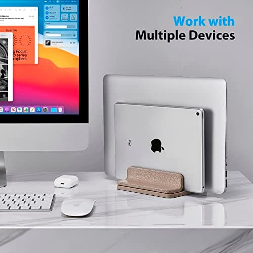 CoStySee Leather Vertical Laptop Stand,Dual Laptop Holder Stand,Laptop Organizer with Adjustable Dock (18-26mm/0.7-1 in) for All MacBook/Tablet/Surface/Dell/iPad (Apricot) — view 3