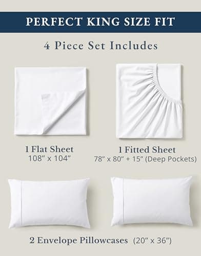 LANE LINEN King Sheets 100% Organic Cotton 4pc Percale Cooling Soft - White — view 3