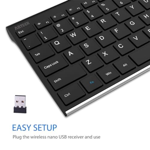 Arteck 2.4G Wireless Keyboard Stainless Steel Ultra Slim Full Size Keyboard with Numeric Keypad for Computer/Desktop/PC/Laptop/Surface/Smart TV and Windows 10/8/ 7 Built in Rechargeable Battery — view 2