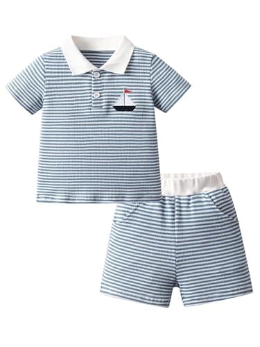 Toddler Boy Summer Two Piece Outfit Infant Polo Shirt Sailboat Embroidered Shorts 2PCS Clothes Set 12-18 Months
