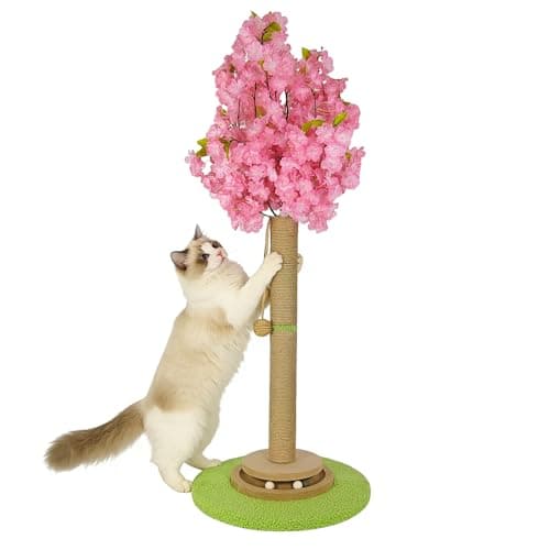 Purrsign Cherry Blossom Cat Scratching Post, 91 cm Tall Natural Sisal Sturdy Base Tower with Interactive Trackball Toy for Indoor Kittens & Large Felines, Japanese Aesthetic Floral Furniture Decor