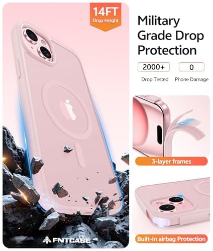 FNTCASE for iPhone 15 Case: for iPhone 14 Case & iPhone 13 Case [Compatible with Magsafe] Translucent Matte Cases with [Screen Protector] Military Grade Shockproof Protective Phone Cover - Light Pink — view 4