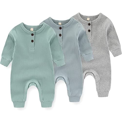 Newborn Baby Boys Girls One Piece Romper With Mitten Cuffs 3 Pack Long Sleeve Ribbed Button Jumpsuit Outfit Clothes green+blue+gray 3 months