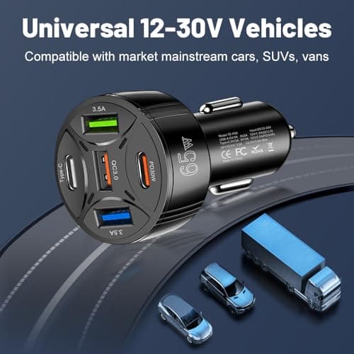 Alanph Super Fast Charging USB-C Car Charger Adapter, 65W 5-in-1 Multi-Port PD30W & QC3.0 Cigarette Lighter USB Charger for iPhone/Android/Samsung/iPad Pro (Black) — view 5