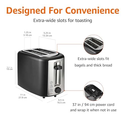 Amazon Basics 2 Slice Toaster, Extra Wide Slots for Bagels, 6 Browning Settings, Removable Crumb Tray, Defrost/Cancel/Bagel Buttons, Cord Wrap, 900W, Black & Silver — view 2