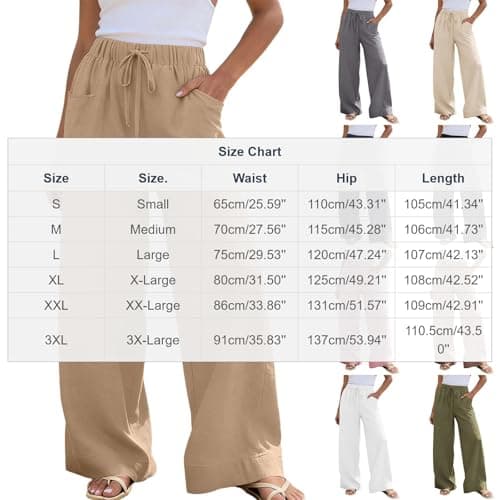 Women Linen Pant Casual Drawstring Wide Leg Palazzo Pants High Waisted Summer Beach Vacation Slacks with Pockets Beige — view 3