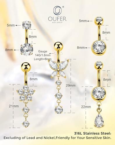 OUFER Gold Belly Button Ring – 5PCS Surgical Steel Belly Rings for Women, 14G Dangle Navel Piercing Jewelry Piercing Nombril with CZ Butterfly Flower Teardrop Barbell for Beach Festival — view 3