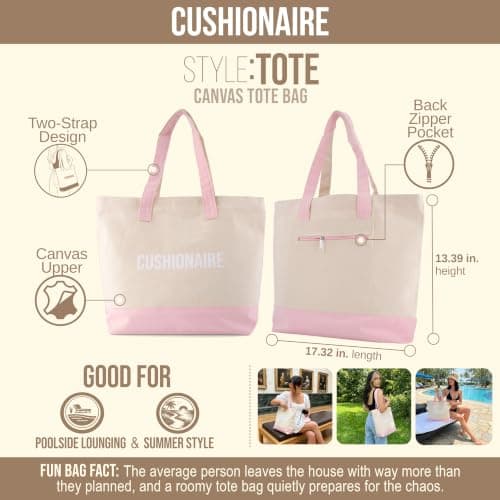 CUSHIONAIRE Canvas Tote Bag for Women, Everyday Casual Beach Bag with Secure Zip Top and Exterior Storage Pocket, Pink — view 3