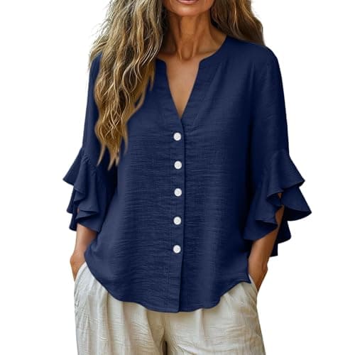 3/4 Ruffle Sleeve Cotton Linen Shirts for Women Dressy V Neck Beach Tunic Tops Elegant Summer Casual Work Blouses Navy — view 4