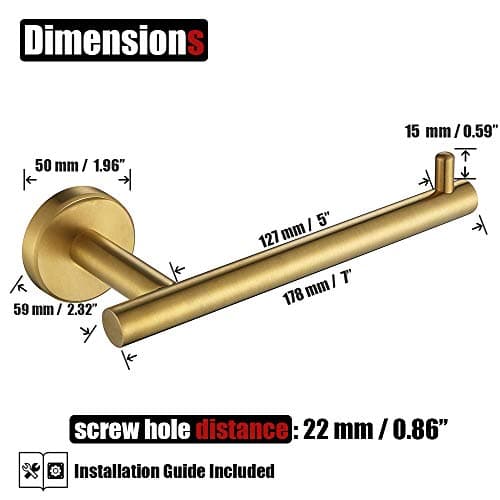 JQK Gold Toilet Paper Holder, 5 Inch Tissue Paper Dispenser, 304 Stainless Steel Wall Mount, Brushed Gold, TPH100-BG