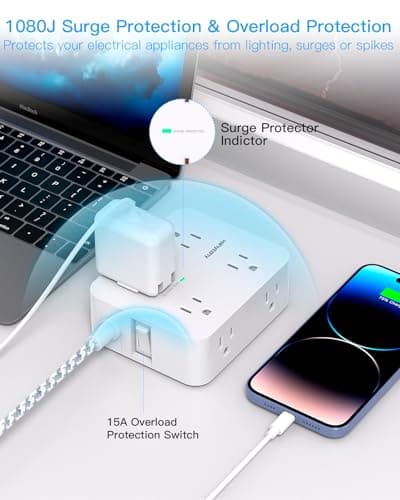 Surge Protector Power Strip - HANYCONY 8 Outlets 4 USB (2 USB C) Charging Ports, Multi Plug Outlet Extender, 5Ft Braided Extension Cord, Flat Plug Wall Mount Desk Charging Station for Home Office ETL — view 2