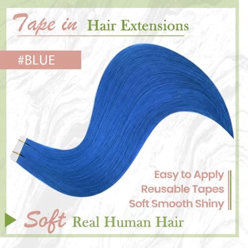 RUNATURE Blue Hair Extensions Tape in Human Hair Extensions 16 Inch 25g 10pcs — view 2
