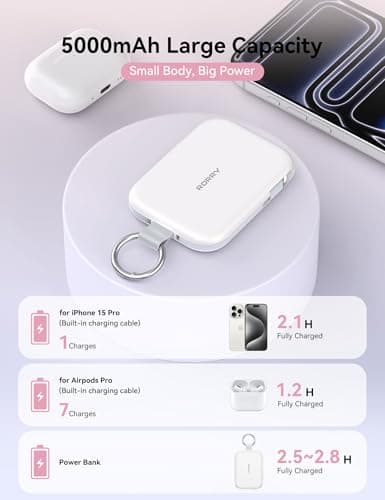 RORRY CharmGo Portable Charger, 5000mAh Portable Charger Power Bank with Built-in Cables, Travel Keychain Charger Battery Pack for iPhone 17/16/15/14/13/12, for AirPods 2/3/4/Pro, White — view 2