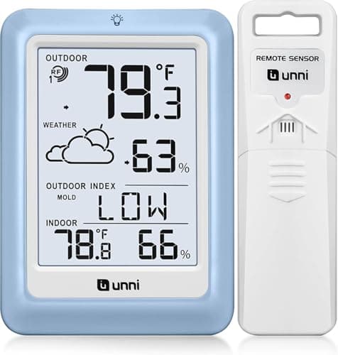 Indoor Outdoor Thermometer Hygrometer Wireless Weather Station, Temperature Humidity Monitor Battery Powered Inside Outside Thermometers with 330ft Range Remote Sensor and Backlight Display（LBLU01）
