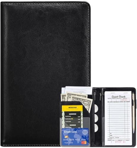HerriaT Server Books for Waitress - Leather Waiter Book Server Wallet with Zipper Pocket, Cute Waitress Book&Waitstaff Organizer with Money Pocket Fit Server Apron（Classic Black） — view 6