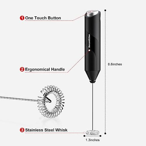 Bonsenkitchen Powerful Milk Frother for Coffee, Fast Handheld Drink Mixer with Stainless Steel Whisk, Battery Operated Hand Frother Stirrer Wand - Black — view 5